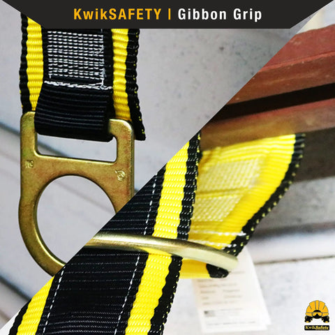 Close-up of Gibbon Grip 3 Ft Cross Arm Safety Strap 2 Pack For Beam Chokers And Fall Arrest Systems with D ring anchors.