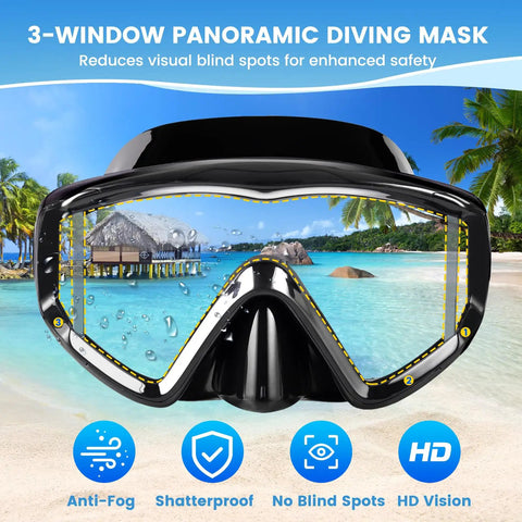 Three Window Panoramic Snorkel Mask For Grown Ups With Anti Fog Scratch Resistant PC Lenses And Liquid Silicone Skirt Wide View