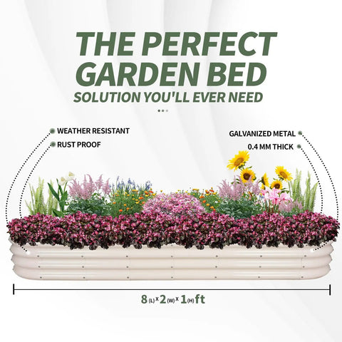 Galvanized Raised Garden Bed Kit 8x2x1 Ft Two Pack Outdoor Metal Planter Boxes For Vegetables And Flowers Built To Last No Fuss Setup Rust Resistant White Finish displaying flowers and plants.