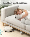 Slim Quiet Robot Vacuum With 2200Pa Suction For Pet Hair cleaning under sofa near child and plush toy
