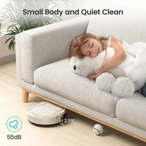 Slim Quiet Robot Vacuum With 2200Pa Suction For Pet Hair cleaning under sofa near child and plush toy