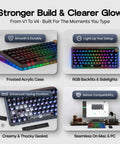 75 Percent Mechanical Keyboard With Top Shelf Frosted Acrylic Casing And Creamy Gasket Mount Smooth Wireless Gaming Board With Massive Battery Life RGB shine through caps and side lighting.