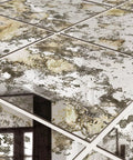 Silver Antique Acrylic Wall Panels set close-up, showing vintage mirror style and rustic rust pattern, 11x11 inches each, set of 12