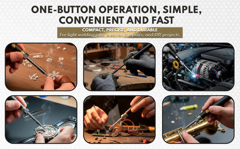 Collage of 510 Threaded Battery Pen Soldering Kit With LED Display in various DIY applications, black and gold design.
