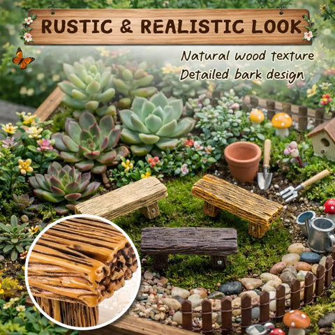 18 Pc Dope Mini Resin Bench Set For Fairy Garden Dollhouse Accessories Park Decor And Mini Landscape Scenes Realistic Wood Grain Tiny Benches For Bonsai Terrariums on a decorative garden scene with succulents and stones.