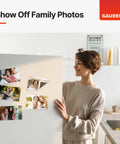 Person displaying family photos on fridge using Adhesive Backed Magnetic Sheets 8x10 Inches Black 3 Pack For Fridges Whiteboards And Metal Surfaces.