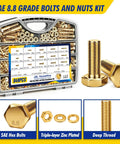 Heavy Duty Grade 8 Zinc Yellow Coated Bolts And Nuts Assortment Kit With Case For Auto Repair And DIY Projects One Quarter Twenty Five Sixteenths Eighteen Three Eighths Sixteen One Half Thirteen Hex Bolts Nuts And Washers Set For Garage Or Shop Use, labeled case with SAE hex bolts, nuts, and washers