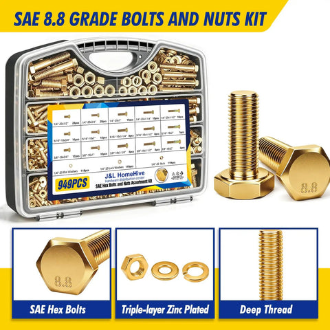 Heavy Duty Grade 8 Zinc Yellow Coated Bolts And Nuts Assortment Kit With Case For Auto Repair And DIY Projects One Quarter Twenty Five Sixteenths Eighteen Three Eighths Sixteen One Half Thirteen Hex Bolts Nuts And Washers Set For Garage Or Shop Use, labeled case with SAE hex bolts, nuts, and washers