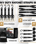 Beefy Heavy Duty Ratchet Straps 1.6 Inch Wide By 16 Ft Long With S Hooks And Soft Loops, Black, 4 Pack, storage bag and packaging