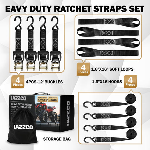 Beefy Heavy Duty Ratchet Straps 1.6 Inch Wide By 16 Ft Long With S Hooks And Soft Loops, Black, 4 Pack, storage bag and packaging