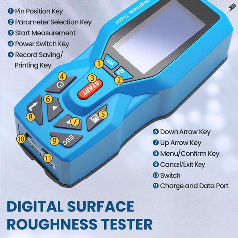 Image of a blue handheld digital surface roughness meter with labeled buttons, transformer inspired design for precise measurement.