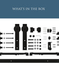 Designer Interior Barn Door Hardware Kit 72 Inch Matte Black Sliding Track components, including screws, rollers, and brackets.