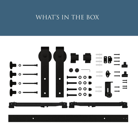 Designer Interior Barn Door Hardware Kit 72 Inch Matte Black Sliding Track components, including screws, rollers, and brackets.