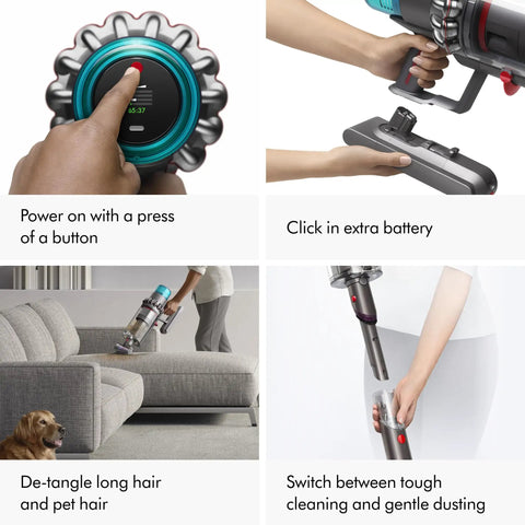 Gen5 Outsize Cordless Vacuum With 250AW Suction, Three Power Modes, LED Illumination Reveals Dust, HEPA Filtration, XL Bin, All Floor Types, Up To 140 Minutes Run Time, Power Boost For Deep Cleans, Cordless Convenience used in various cleaning situations showing button, battery, pet hair detangling, and cleaning modes.