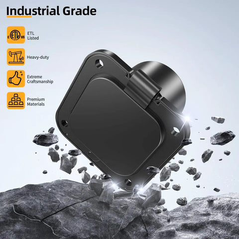 Heavy Duty 15A AC Shore Power Flanged Inlet With Waterproof Nema 5-15P Male Receptacle close-up view on rocky background.
