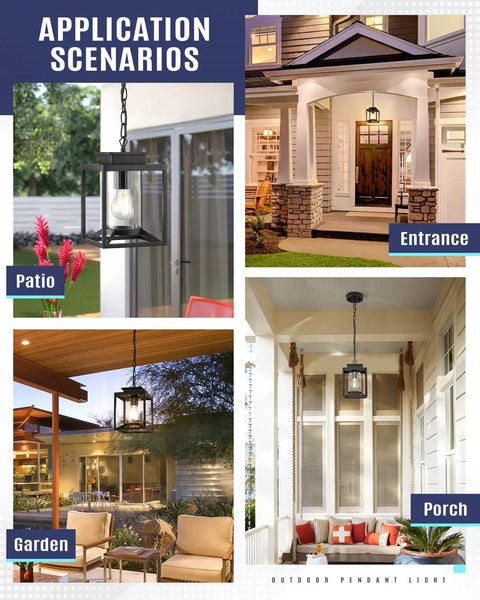 Modern Farmhouse Outdoor Pendant Light for Porch shown in porch, patio, garden, and entrance settings, enhancing decor.
