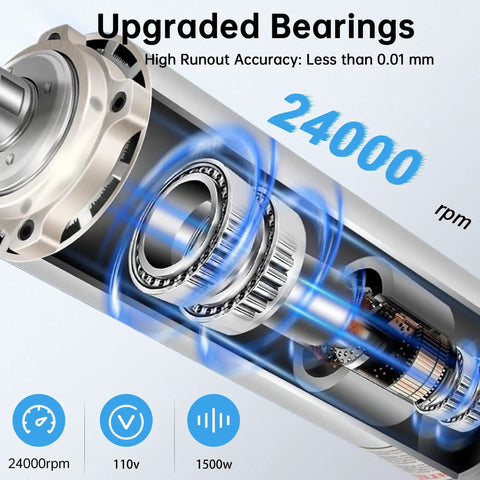 Cross-section of Beefy 1500W Air Cooled CNC Spindle Motor showing upgraded bearings and precision details