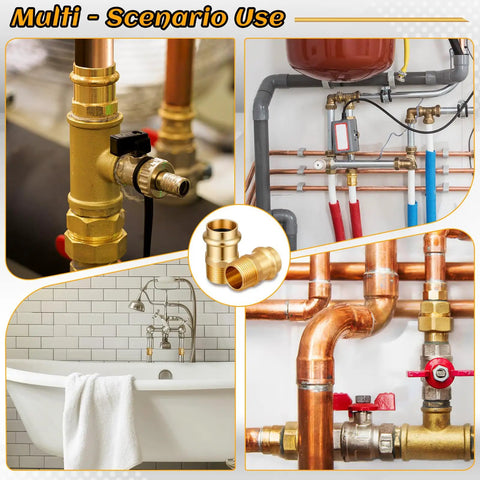 Eight Piece Three Quarter Inch Brass Press Fittings Set With Press To Male Thread MIP NPT Adapters for piping connections in plumbing scenarios.