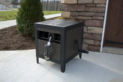 NeverLeak Hose Reel Cabinet With 100 Ft Capacity, Decorative Wicker Look, Auto Track Rewind, Black Metal Outdoor Hose Storage Box