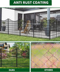 18 Panel No Dig Decorative Fence With Gate For Outdoor Yard And Patio, 33 Inches High, surrounding dog on patio