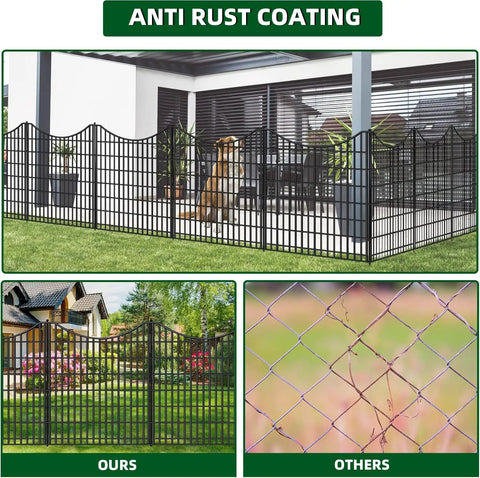 18 Panel No Dig Decorative Fence With Gate For Outdoor Yard And Patio, 33 Inches High, surrounding dog on patio