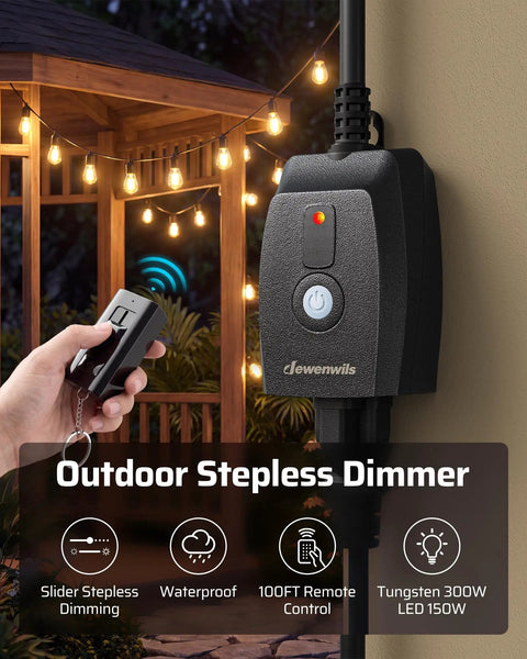 Ultimate Outdoor String Light Dimmer With Hella Smooth Stepless Slider For 10 To 100 Percent Brightness Control And Separate Power Button.