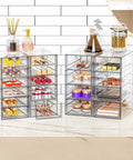 Real Talk No Fuss Clutter Crusher Game Changer Vanity Setup Easy Glide Bins Crisp Acrylic Cosmetic Holders For Desks Counters Under Sink with colorful cosmetics.