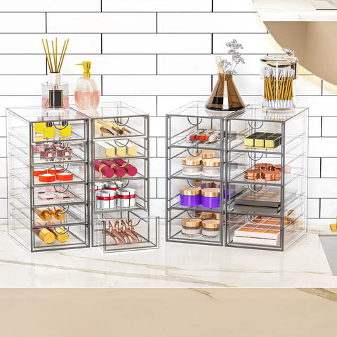 Real Talk No Fuss Clutter Crusher Game Changer Vanity Setup Easy Glide Bins Crisp Acrylic Cosmetic Holders For Desks Counters Under Sink with colorful cosmetics.