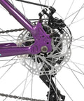 Close-up of purple aluminum frame and disc brake on 26 Inch Mountain Bike For Women With 18 Speed Gears Front Suspension Aluminum Frame Adult Ladies Bicycle Purple For Trail Riding And Everyday City Commuting