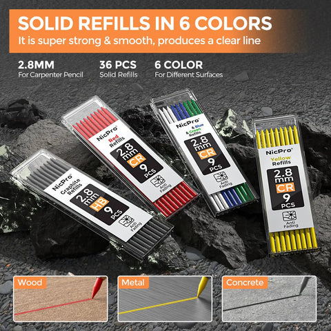Absolute Banger Carpenter Pencil Kit Featuring Heavy Duty Mechanical Leads vibrant refills in 6 colors on rugged background.