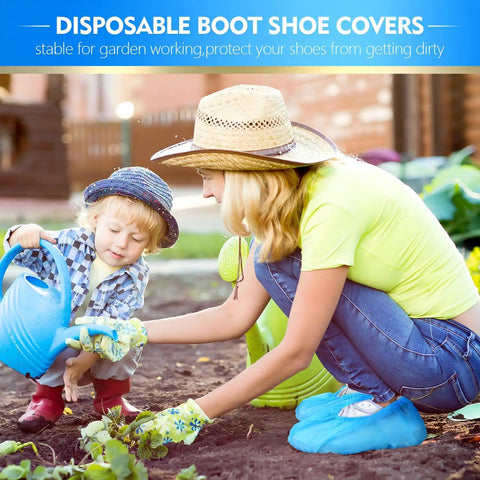Woman and child gardening wearing 300 Pack Disposable Shoe Covers Non Slip Heavy Duty Booties For Indoors Contractors.