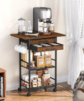 Five Tier Rolling Coffee Cart On Wheels With Two Large Drawers And Removable Dividers Extra Wide Coffee Bar Cart in living room.