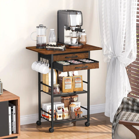 Five Tier Rolling Coffee Cart On Wheels With Two Large Drawers And Removable Dividers Extra Wide Coffee Bar Cart in living room.