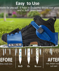 Illustration showing Lawn Aerator Shoes With Metal Spikes, Spike Sandals For Easy Lawn Aeration And Soil Loosening, Preassembled Grass Aerator Tools For Yard Health, Revives Lawn Health And Growth, Blue.