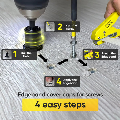 Heavy Duty Edge Banding Hole Puncher Kit With Two Premium Steel Countersink Bits and Tough Hex Wrenches used in installation steps
