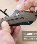 Self Retracting Box Cutter With Radius Tip Blade And Adjustable Depth, Dual Edge Guides For Quick Top Cuts, Includes Holster And Lanyard, Workhorse Ergonomic Safety Knife For Warehouse Cardboard Cutting, Built In Spare Blade Storage, blade storage shown with 2 blades