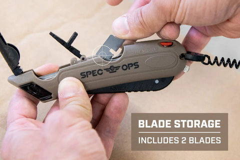 Self Retracting Box Cutter With Radius Tip Blade And Adjustable Depth, Dual Edge Guides For Quick Top Cuts, Includes Holster And Lanyard, Workhorse Ergonomic Safety Knife For Warehouse Cardboard Cutting, Built In Spare Blade Storage, blade storage shown with 2 blades