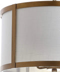 Close-up of 17 Inch Gold And White Metal LED Pendant Light With White Linen Drum Shade For Kitchen Island And Dining Room