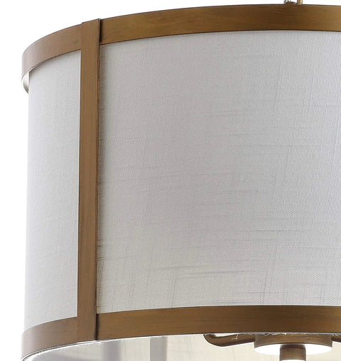 Close-up of 17 Inch Gold And White Metal LED Pendant Light With White Linen Drum Shade For Kitchen Island And Dining Room