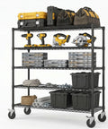 Rock Solid Heavy Duty 5 Tier Wire Shelving Rack On Rolling Casters With 3250 Lb Load Capacity For Garage Storage And Workshop Equipment Organization Adjustable Height Industrial Grade Carbon Steel Build Multi Purpose Storage Solution filled with tools and storage bins.
