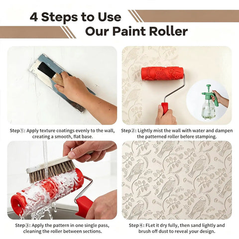 4 steps to use Heavy Duty Texture Paint Roller With Ultra Soft Rubber Face For Killer Wall Art And Badass Accent Panels.