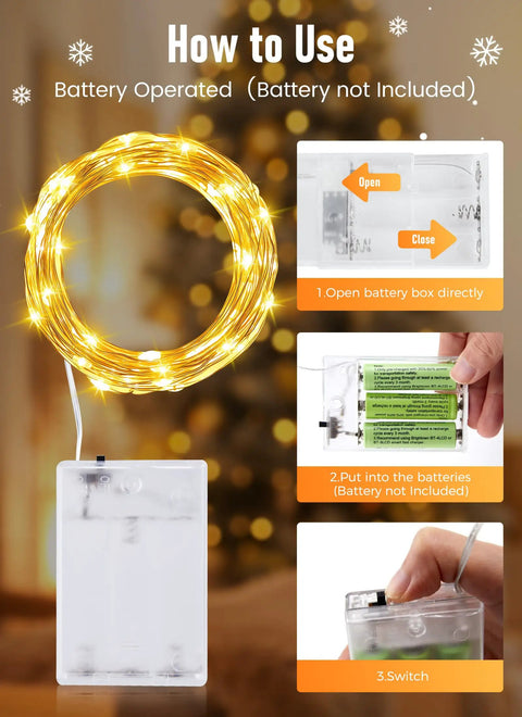 How to use Fairy String Lights 33 Ft Long Battery Operated 100 LED Copper Wire; battery installation steps shown.