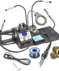 75 Watt Soldering Station Kit With Mini Mag Lamp And 4 Helping Hands Dual Digital Displays Three Pro Grade Presets Sleep Function C F Toggle Brass Sponge Cleaner With Flux And Wet Sponge, full kit view