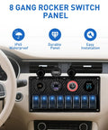 Dashboard view with Eight Gang Marine Switch Panel Waterproof Pre-Wired Rocker Panel With Blue LED Lights installed.