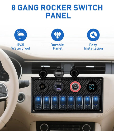 Dashboard view with Eight Gang Marine Switch Panel Waterproof Pre-Wired Rocker Panel With Blue LED Lights installed.