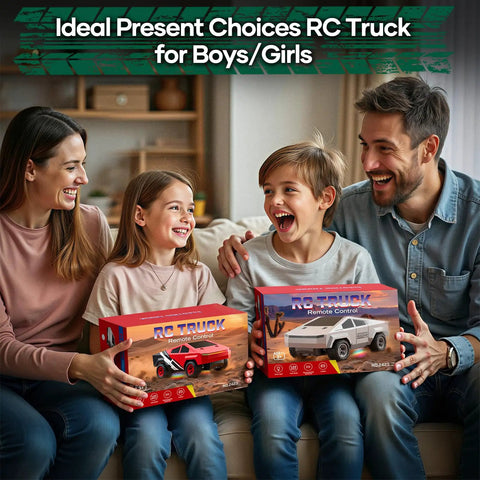 Kids holding All Terrain 1/24 Scale Remote Control Pickup RC Truck With 2.4GHz Radio 2WD Off Road Beast Toy gift boxes