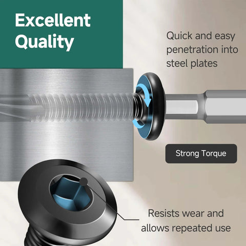 100 Pieces 10 X 1 Inch Hex Socket Self Tapping Screws With Drill Bit For Metal Plastic Or Wood Stainless Steel 410 Black Oxide Self Drilling Screws With Allen Drive For Thin Sheet Metal Applications being used in steel plate with torque demonstration.