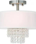 Brushed Nickel Flush Mount Ceiling Light With Off White Fabric Hardback Shade featuring crystal accents