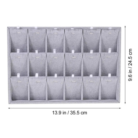 Super Smooth Large 18 Compartment Velvet Jewelry Storage Tray With Handy Necklace And Watch Display Pad, dark grey with compartments.