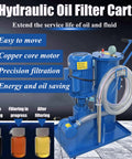 Portable Hydraulic Oil Filter Cart With 3 Micron Precision Filtration And Single Cylinder Purification System Killing Grit Fast With A Slick Pressure Gauge 2M Flexible PVC Hose And 220V Setup with visible copper core motor and flexible hose.